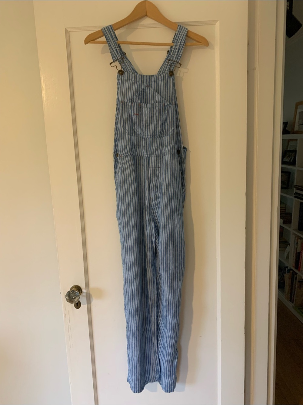 Faherty blue linen mechanic stripe overalls.